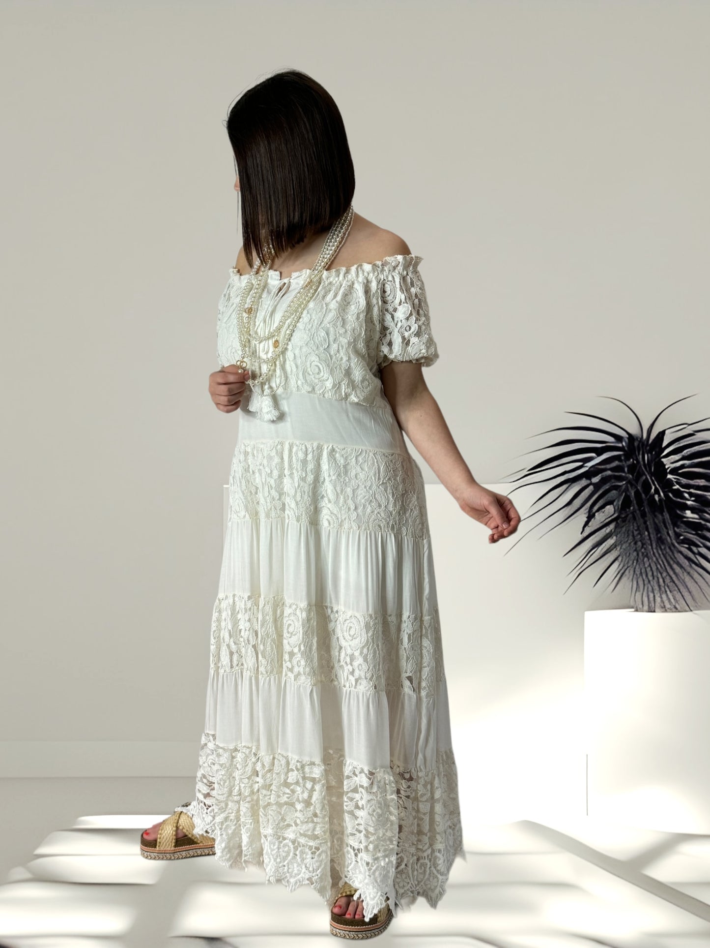 CHAMPAGNE - ROBE BOHEME EN DENTELLE BLANCHE JUSQU'A LA TAILLE 48