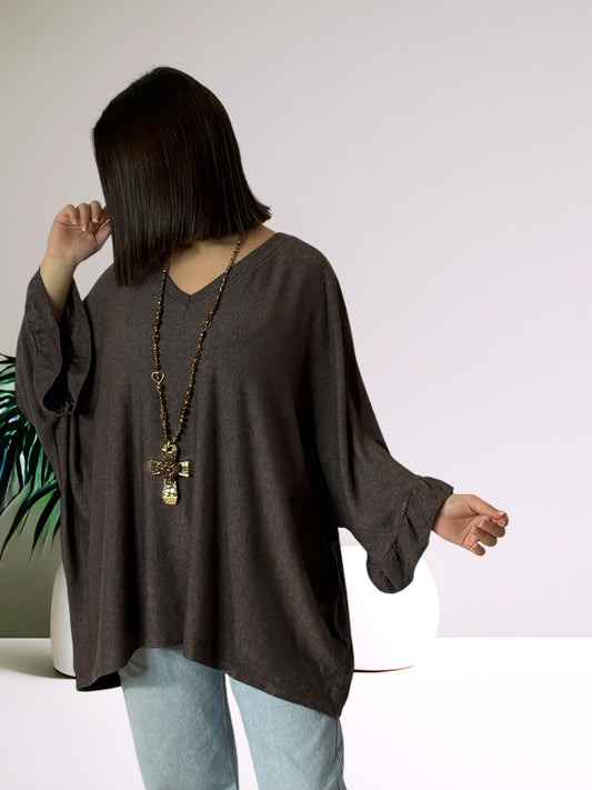 MATTEO - PULL OVERSIZE MARRON EN MAILLE FLUIDE JUSQU'A LA TAILLE 58