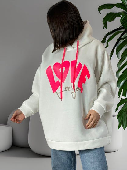 LOVE FOR YOU - SWEAT A CAPUCHE OVERSIZE BLANC JUSQU'A LA TAILLE 56