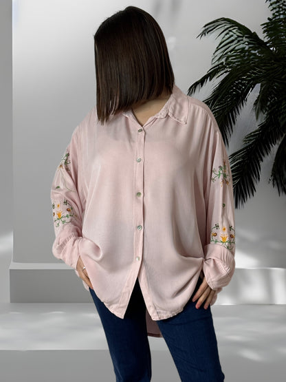 GRAZIELLA - CHEMISE OVERSIZE ROSE MANCHES BRODEES JUSQU'A LA TAILLE 54