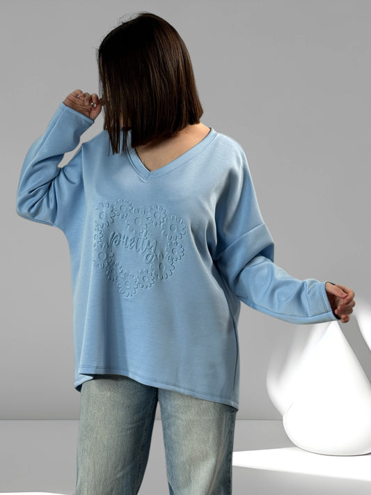 PRETTY - SWEAT BLEU AVEC IMPRESSION JUSQU'A LA TAILLE 48