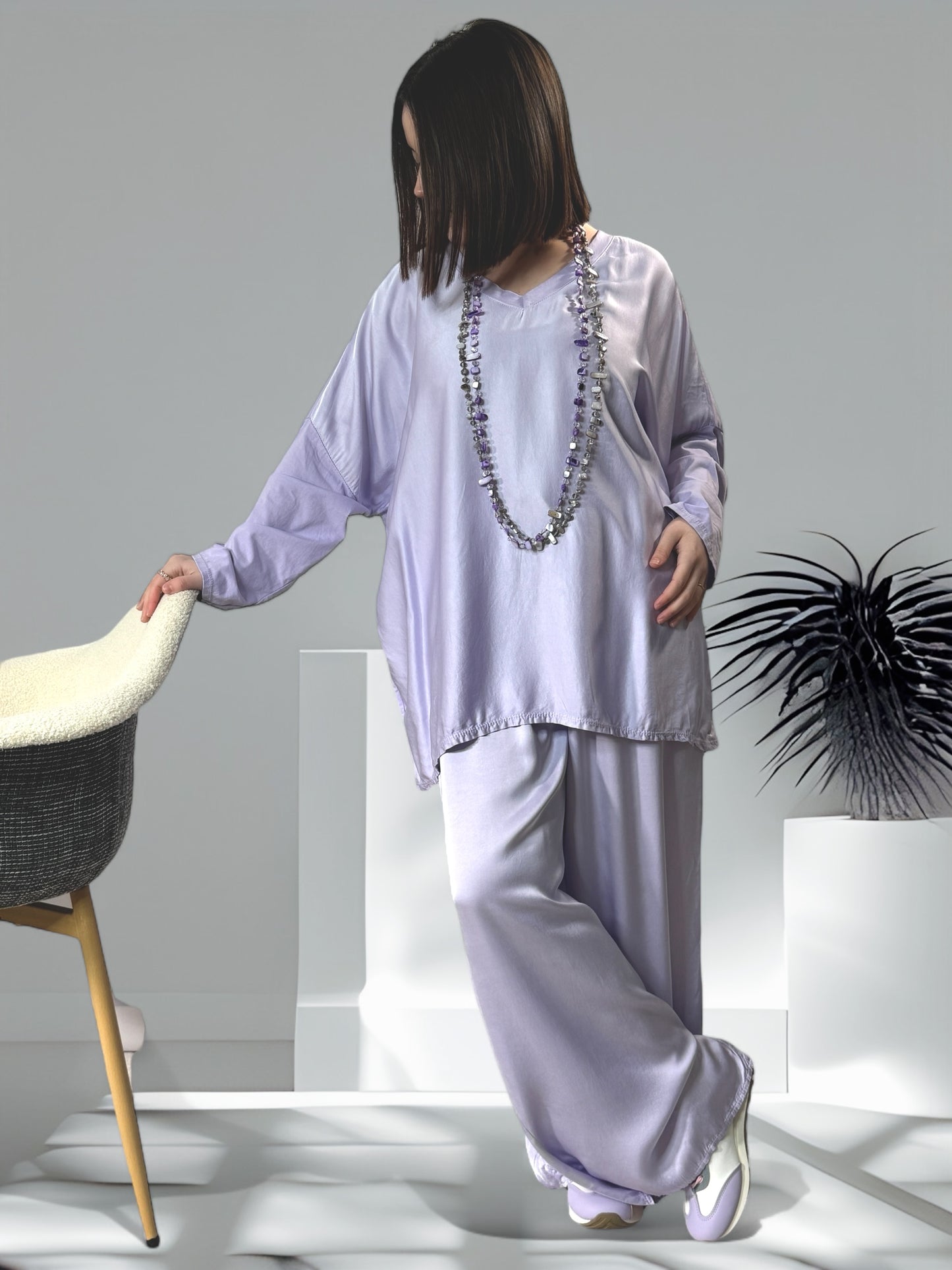 SIENNA - ENSEMBLE TUNIQUE ET PANTALON  FLUIDE LILAS OVERSIZE JUSQU'A LA TAILLE 46