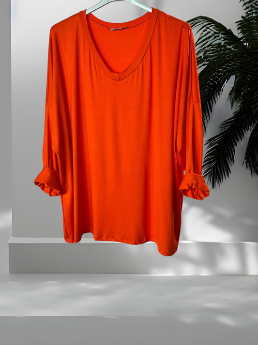 BASTIEN - T-SHIRT EN VISCOSE ORANGE MANCHES LONGUES JUSQU'A LA TAILLE 52/54