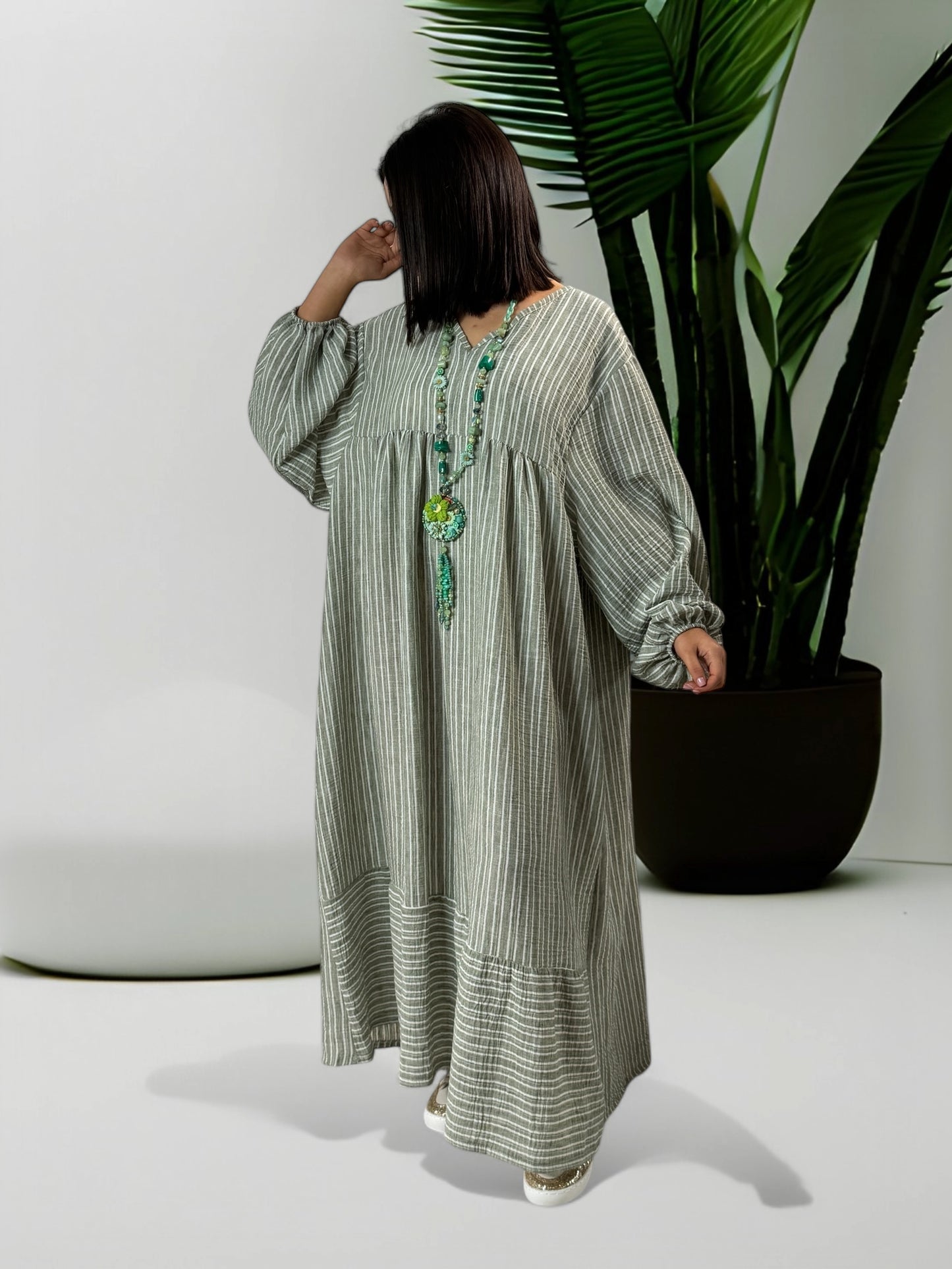 LILIBELLE - ROBE  OVERSIZE A RAYURE KAKI EN COTON ET LIN JUSQU'A LA TAILLE 56