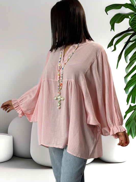 FOLIE - BLOUSE ROSE OVERSIZE EN COTON JUSQU'A LA TAILLE 52