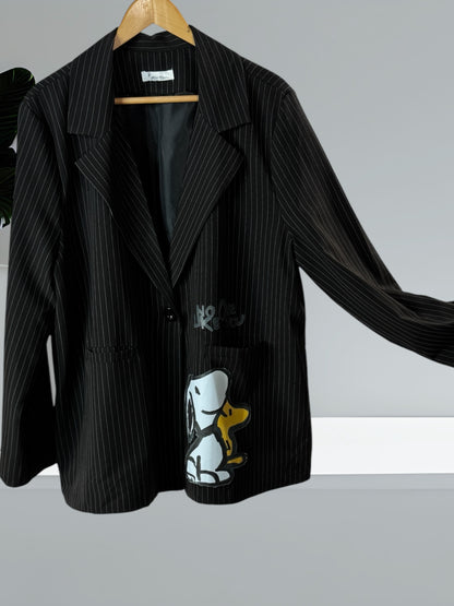 LUCIANO - BLAZER NOIR FINES RAYURES MOTIF SNOOPY JUSQU'A LA TAILLE 50/52