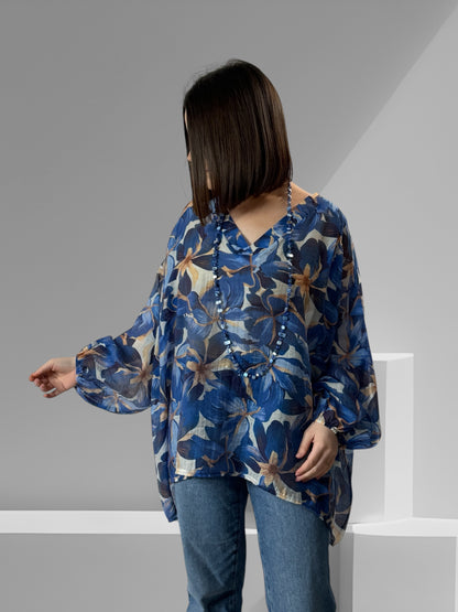 ELISA - BLOUSE FLEURIE BLEU OVERSIZE JUSQU'A LA TAILLE 56