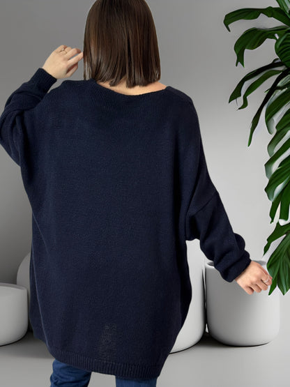 JE M'EN FOUS - PULL OVERSIZE MARINE JUSQU'A LA TAILLE 56