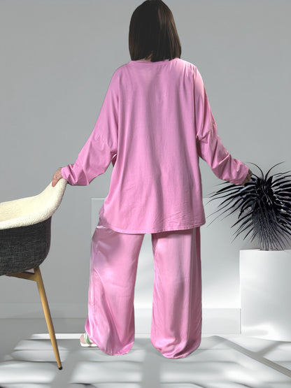 SIENNA - ENSEMBLE TUNIQUE ET PANTALON  FLUIDE ROSE OVERSIZE JUSQU'A LA TAILLE 46