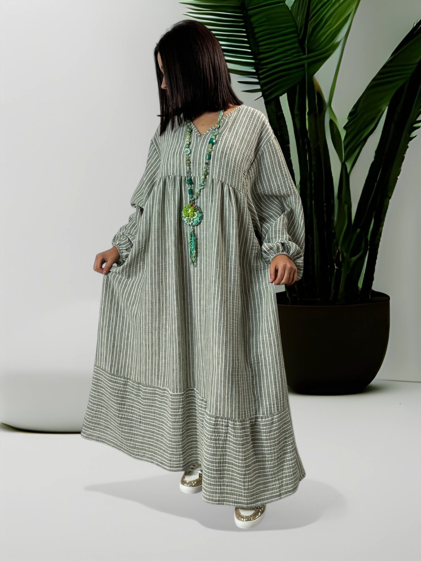 LILIBELLE - ROBE  OVERSIZE A RAYURE KAKI EN COTON ET LIN JUSQU'A LA TAILLE 56