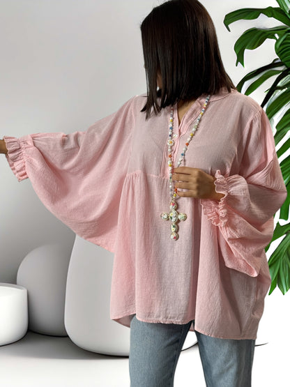 FOLIE - BLOUSE ROSE OVERSIZE EN COTON JUSQU'A LA TAILLE 52