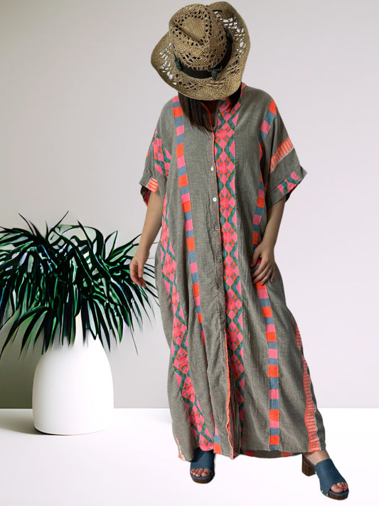 EL PASO - ROBE LONGUE TAUPE A MOTIF JUSQU'A LA TAILLE 54/56