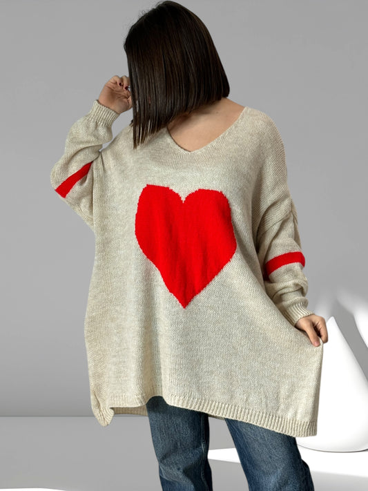 VALENTIN - PULL OVERSIZE BEIGE COEUR ROUGE JUSQU'A LA TAILLE 56