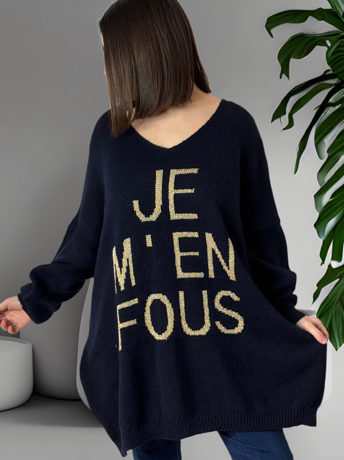 JE M'EN FOUS - PULL OVERSIZE MARINE JUSQU'A LA TAILLE 56