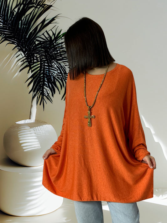 CAPRIO - PULL ORANGE EN MAILLE FLUIDE JUSQU'A LA TAILLE 54