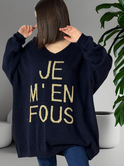 JE M'EN FOUS - PULL OVERSIZE MARINE JUSQU'A LA TAILLE 56