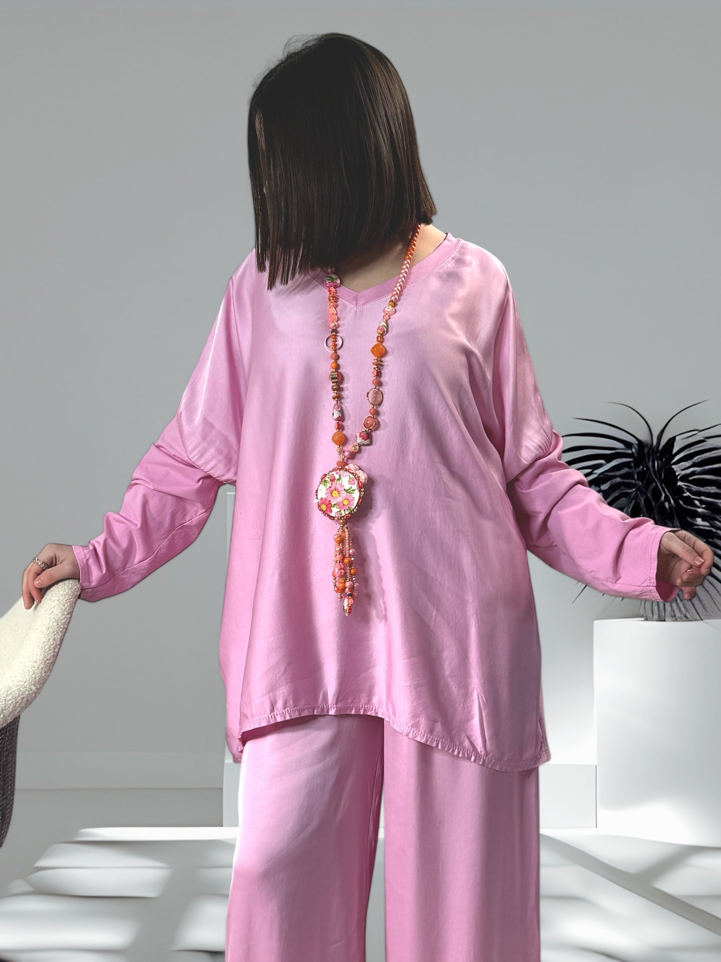 SIENNA - ENSEMBLE TUNIQUE ET PANTALON  FLUIDE ROSE OVERSIZE JUSQU'A LA TAILLE 46