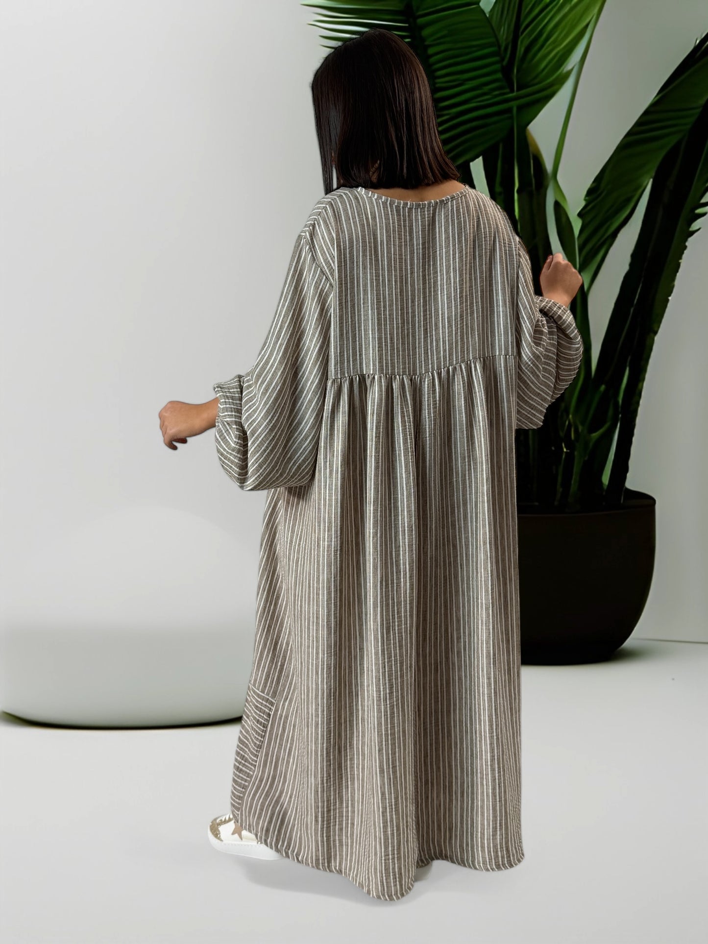 LILIBELLE - ROBE  OVERSIZE A RAYURE MOKA EN COTON ET LIN JUSQU'A LA TAILLE 56