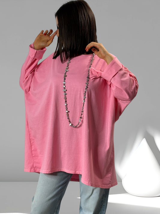 DELICE - T-SHIRT ROSE EN COTON OVERSIZE JUSQU'A LA TAILLE 52/54