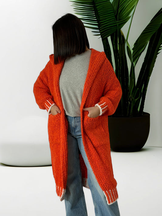 REGINA - LONG GILET OVERSIZE A CAPUCHE ORANGE JUSQU'A LA TAILLE 52