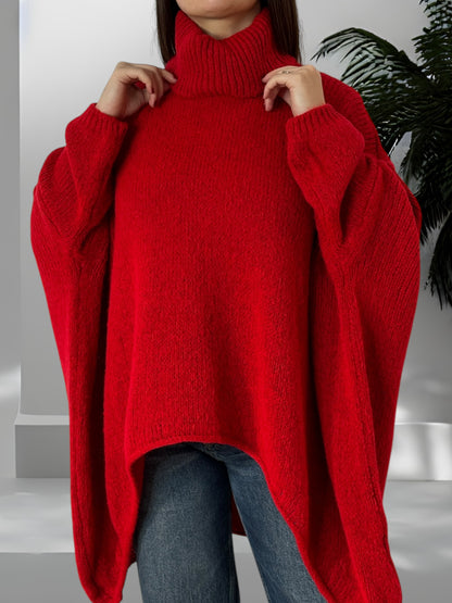 LISON- PULL COL ROULE OVERSIZE ROUGE JUSQU'A LA TAILLE 56/58