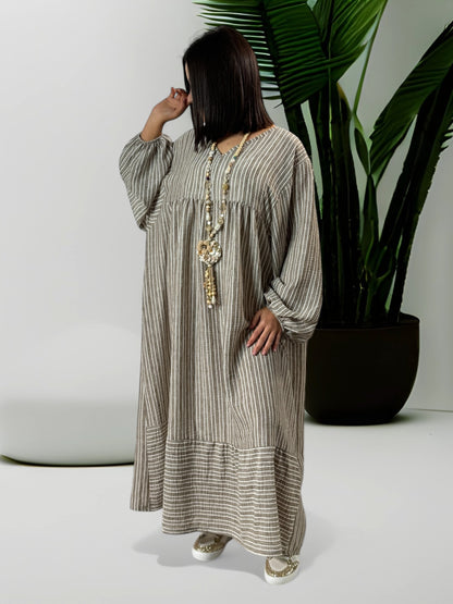 LILIBELLE - ROBE  OVERSIZE A RAYURE MOKA EN COTON ET LIN JUSQU'A LA TAILLE 56