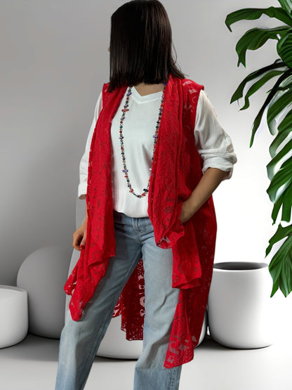 ANTONINA -  LONG GILET ROUGE EN DENTELLE JUSQU'A LA TAILLE 56