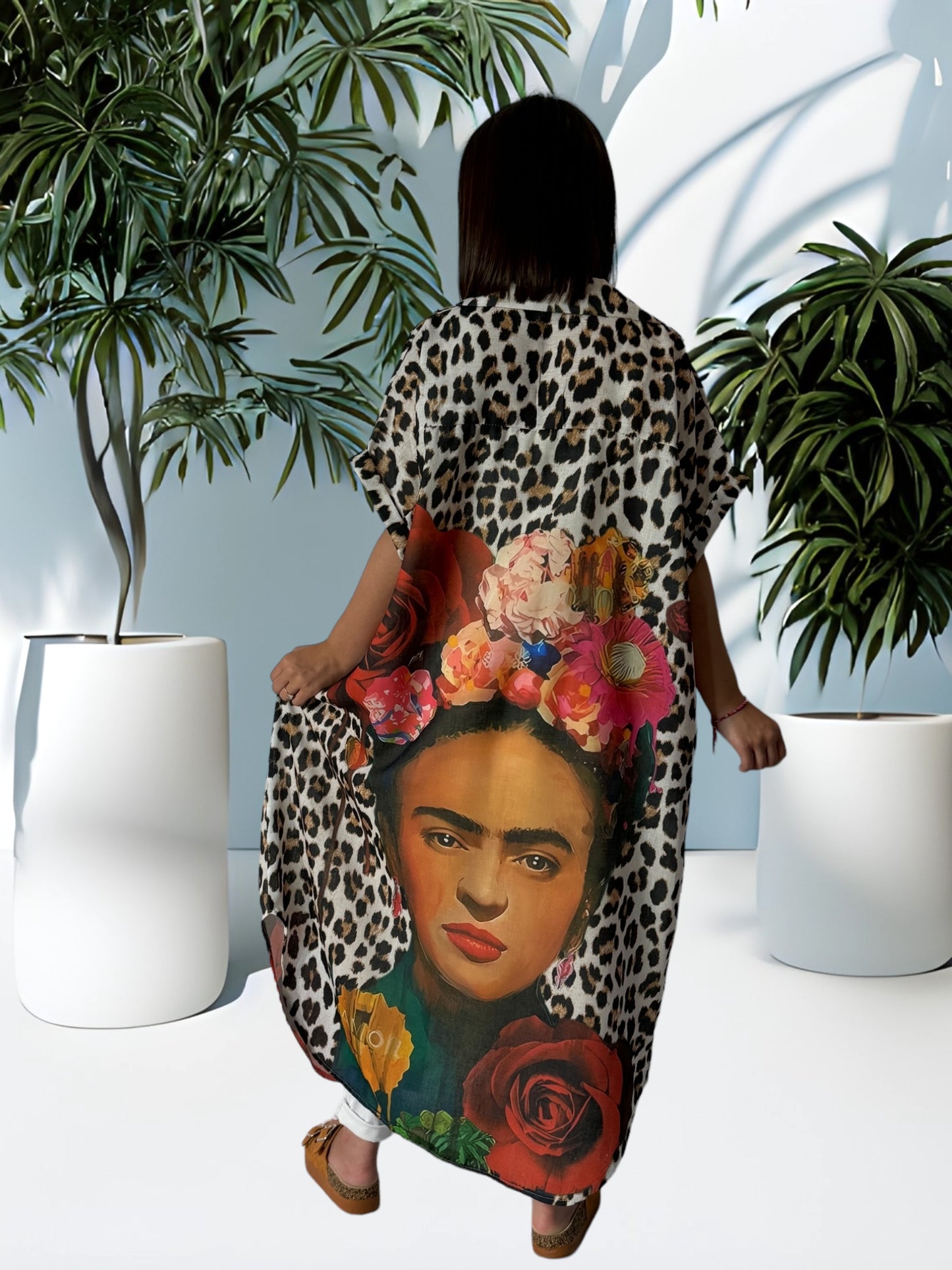 NATALIA - ROBE CHEMISE LEOPARD MOTIF FRIDA KAHLO JUSQU'A LA TAILLE 54