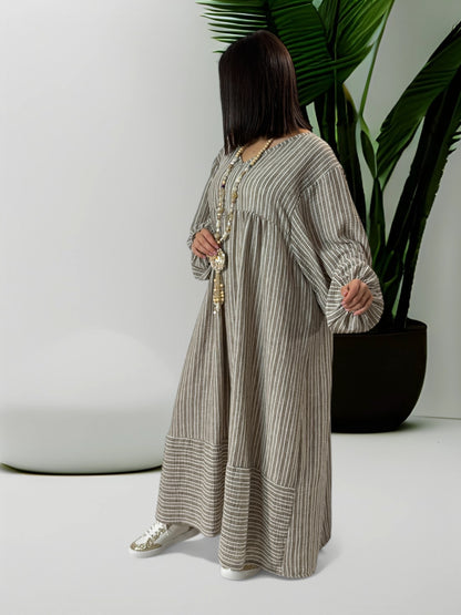 LILIBELLE - ROBE  OVERSIZE A RAYURE MOKA EN COTON ET LIN JUSQU'A LA TAILLE 56