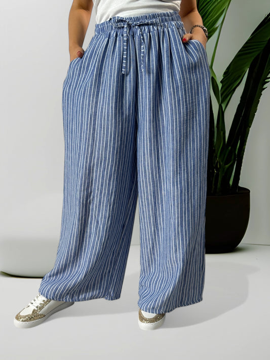 TIMOTHE - PANTALON BLEU A RAYURE COTON ET LIN JUSQU'A LA TAILLE 52