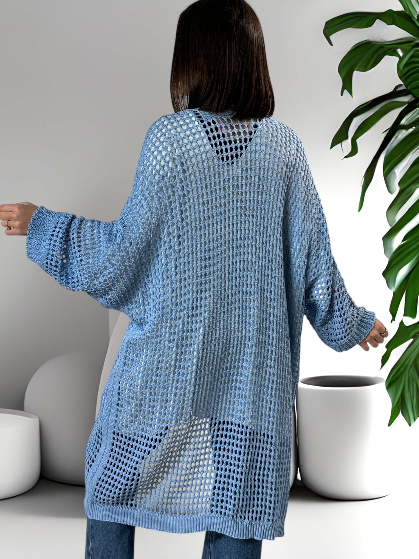 FABIOLA - LONG GILET EN RESILLE BLEU JUSQU'A LA TAILLE 50/52