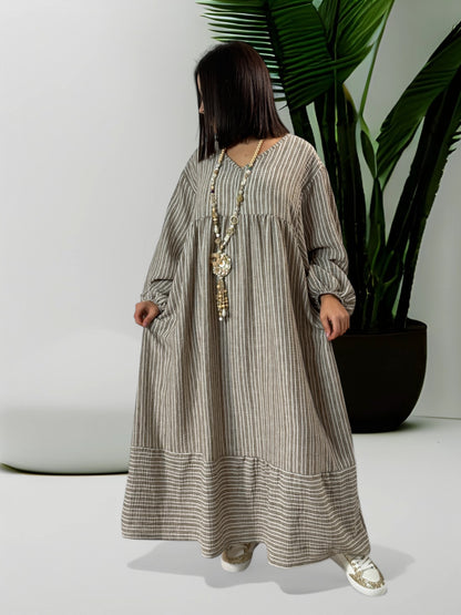 LILIBELLE - ROBE  OVERSIZE A RAYURE MOKA EN COTON ET LIN JUSQU'A LA TAILLE 56