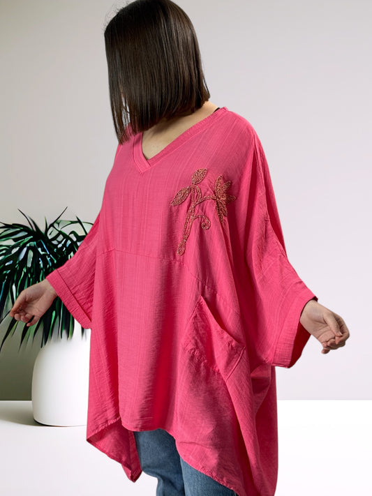 MORGANE - TUNIQUE OVERSIZE ROSE JUSQU'A LA TAILLE 58/60