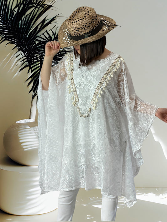 GRACIEUSE - TUNIQUE BOHEME EN DENTELLE BLANCHE OVERSIZE JUSQU'A LA TAILLE 60