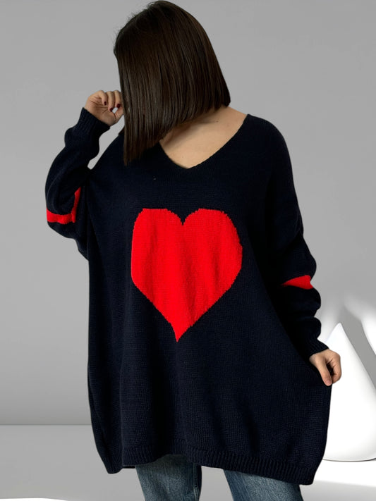 VALENTIN - PULL OVERSIZE MARINE COEUR ROUGEJUSQU'A LA TAILLE 56