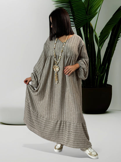 LILIBELLE - ROBE  OVERSIZE A RAYURE MOKA EN COTON ET LIN JUSQU'A LA TAILLE 56