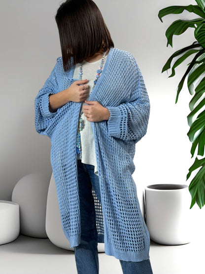 FABIOLA - LONG GILET EN RESILLE BLEU JUSQU'A LA TAILLE 50/52