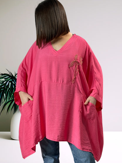 MORGANE - TUNIQUE OVERSIZE ROSE JUSQU'A LA TAILLE 58/60