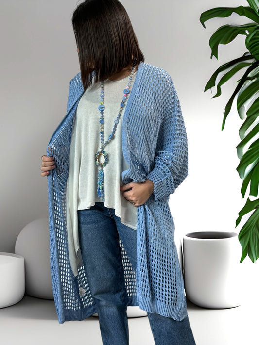 FABIOLA - LONG GILET EN RESILLE BLEU JUSQU'A LA TAILLE 50/52