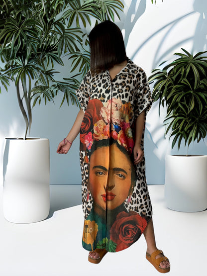 NATALIA - ROBE CHEMISE LEOPARD MOTIF FRIDA KAHLO JUSQU'A LA TAILLE 54