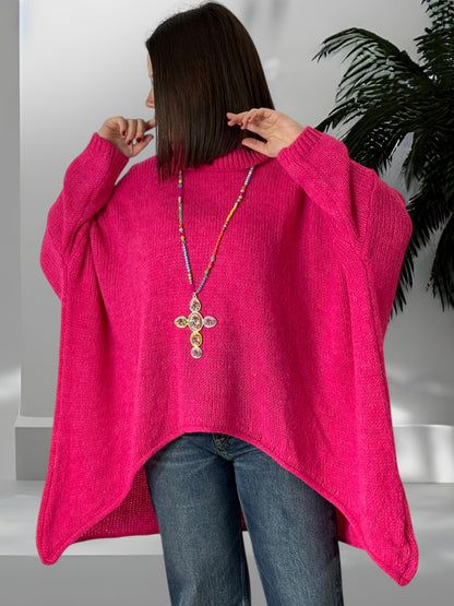 LISON- PULL COL ROULE OVERSIZE FUCHSIA JUSQU'A LA TAILLE 56/58