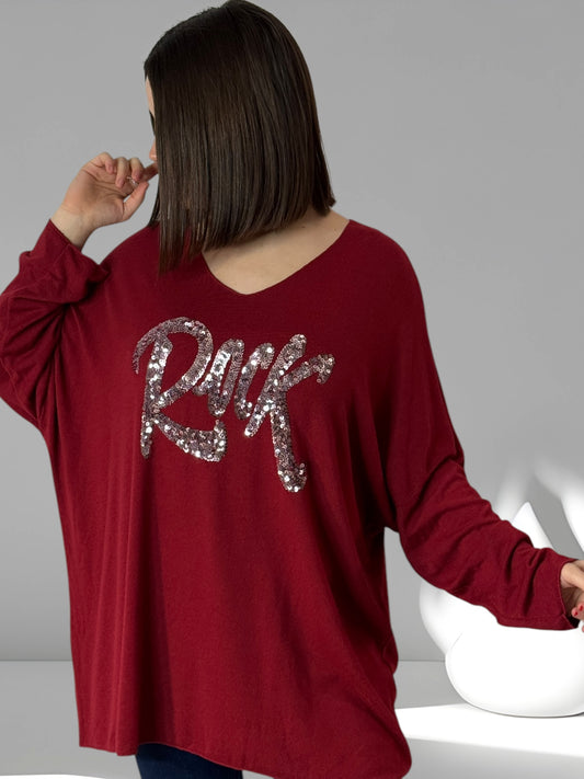 ROCK - PULL BORDEAUX EN MAILLE LOGO EN SEQUINS JUSQU'A LA TAILLE 54