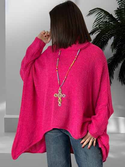 LISON- PULL COL ROULE OVERSIZE FUCHSIA JUSQU'A LA TAILLE 56/58