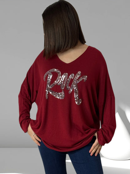 ROCK - PULL BORDEAUX EN MAILLE LOGO EN SEQUINS JUSQU'A LA TAILLE 54