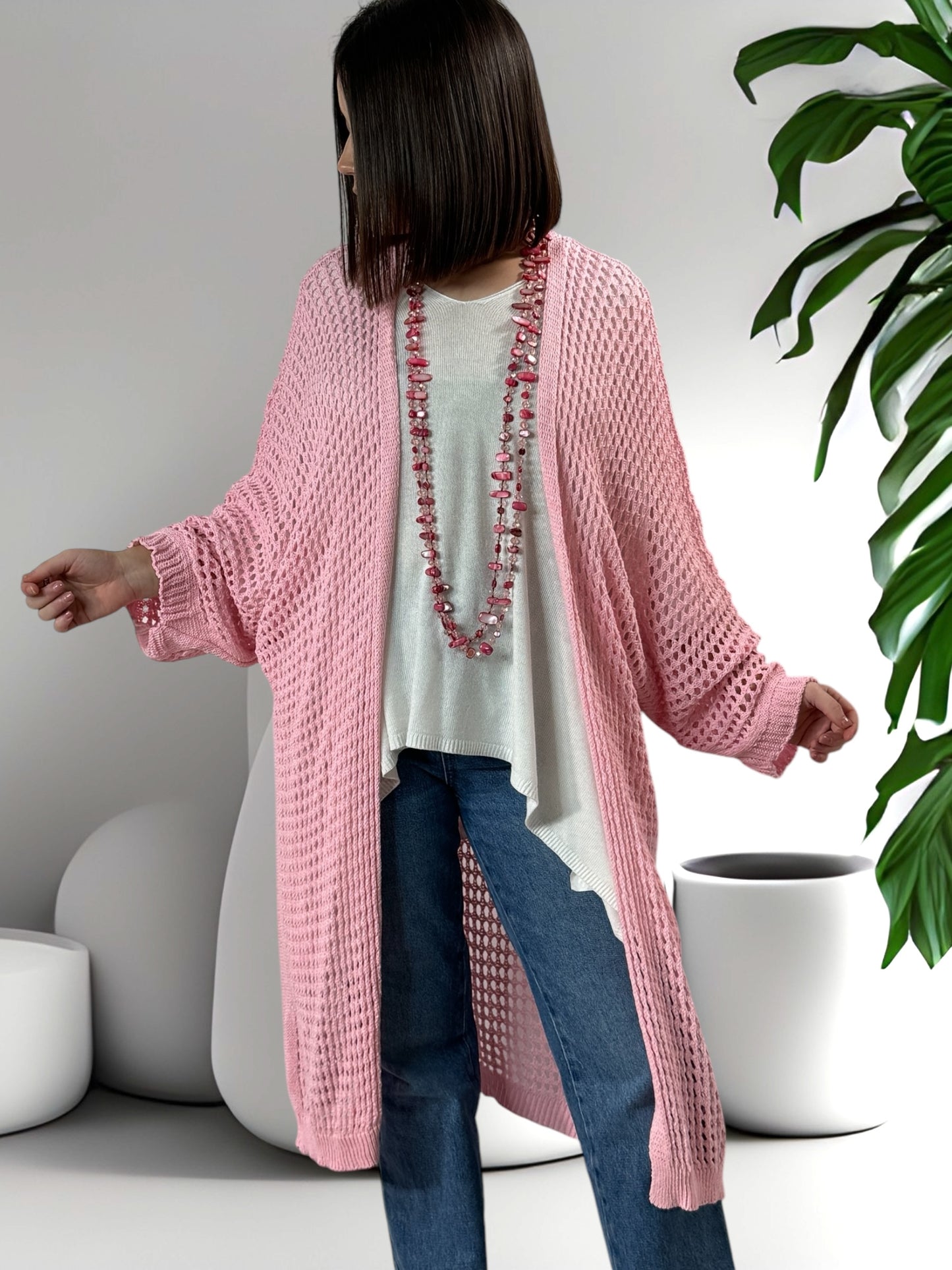 FABIOLA - LONG GILET EN RESILLE ROSE JUSQU'A LA TAILLE 50/52