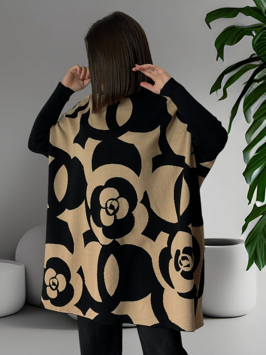 BILLIE - PULL OVERSIZE A MOTIF BEIGE ET NOIR JUSQU'A LA TAILLE 56