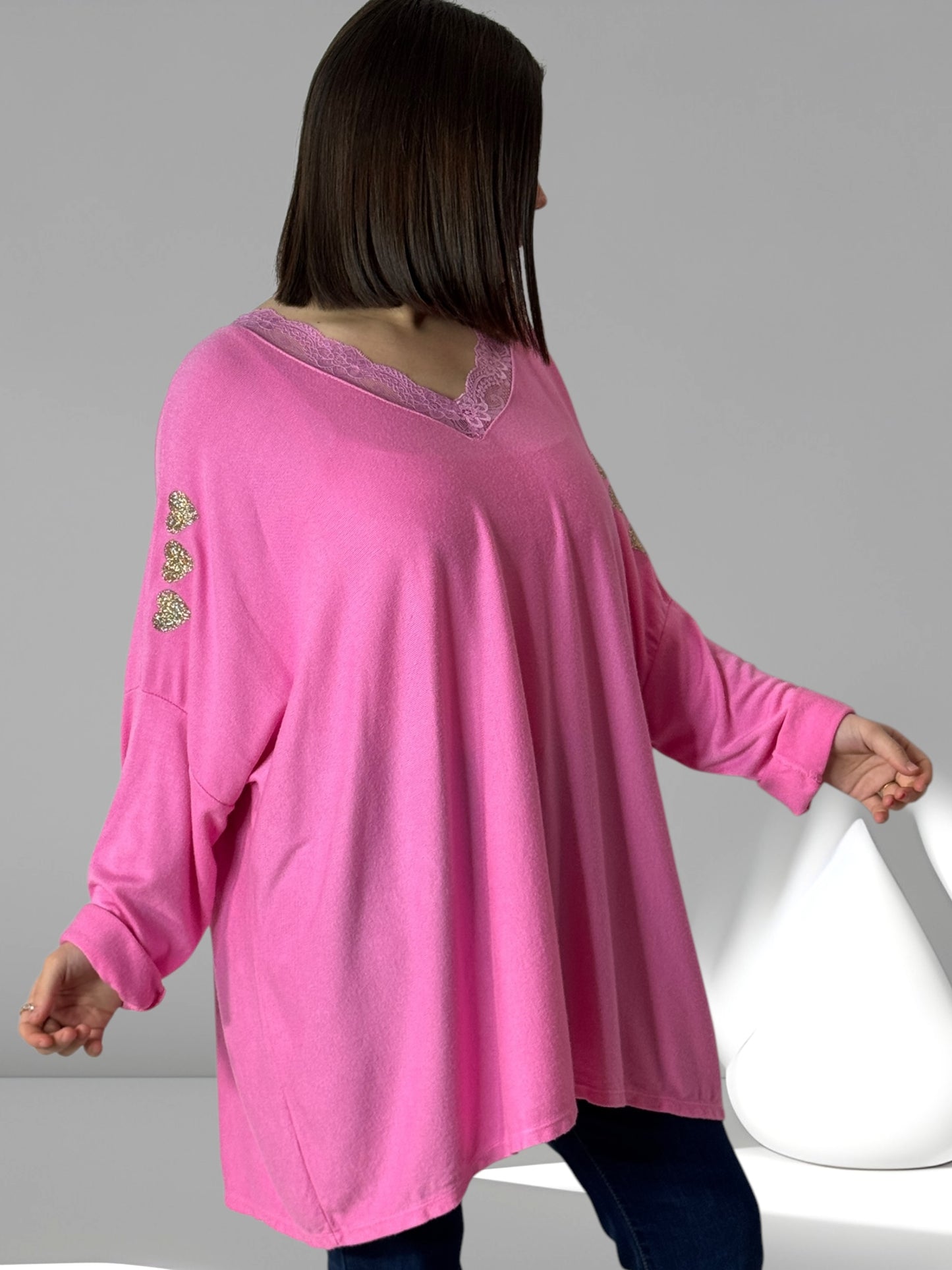 PALOMA - PULL OVERSIZE ROSE EN MAILLE FLUIDE JUSQU'A LA TAILLE 56