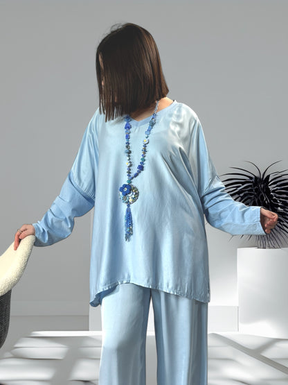 SIENNA - ENSEMBLE TUNIQUE ET PANTALON  FLUIDE BLEU OVERSIZE JUSQU'A LA TAILLE 46