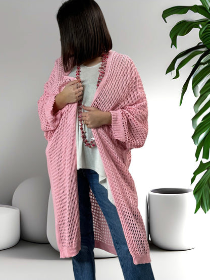 FABIOLA - LONG GILET EN RESILLE ROSE JUSQU'A LA TAILLE 50/52