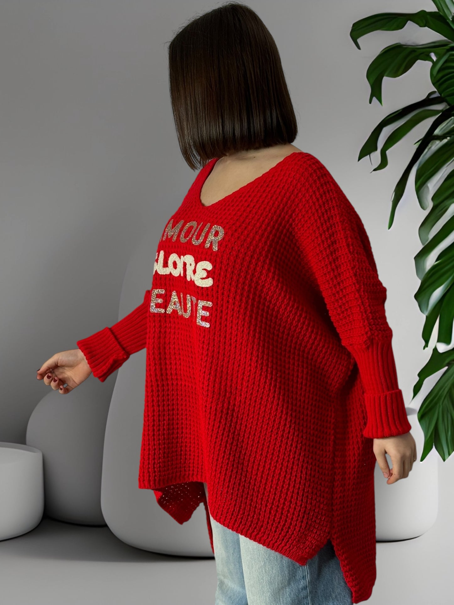 AMOUR GLOIRE BEAUTE - PULL OVERSIZE ROUGE JUSQU'A LA TAILLE 54